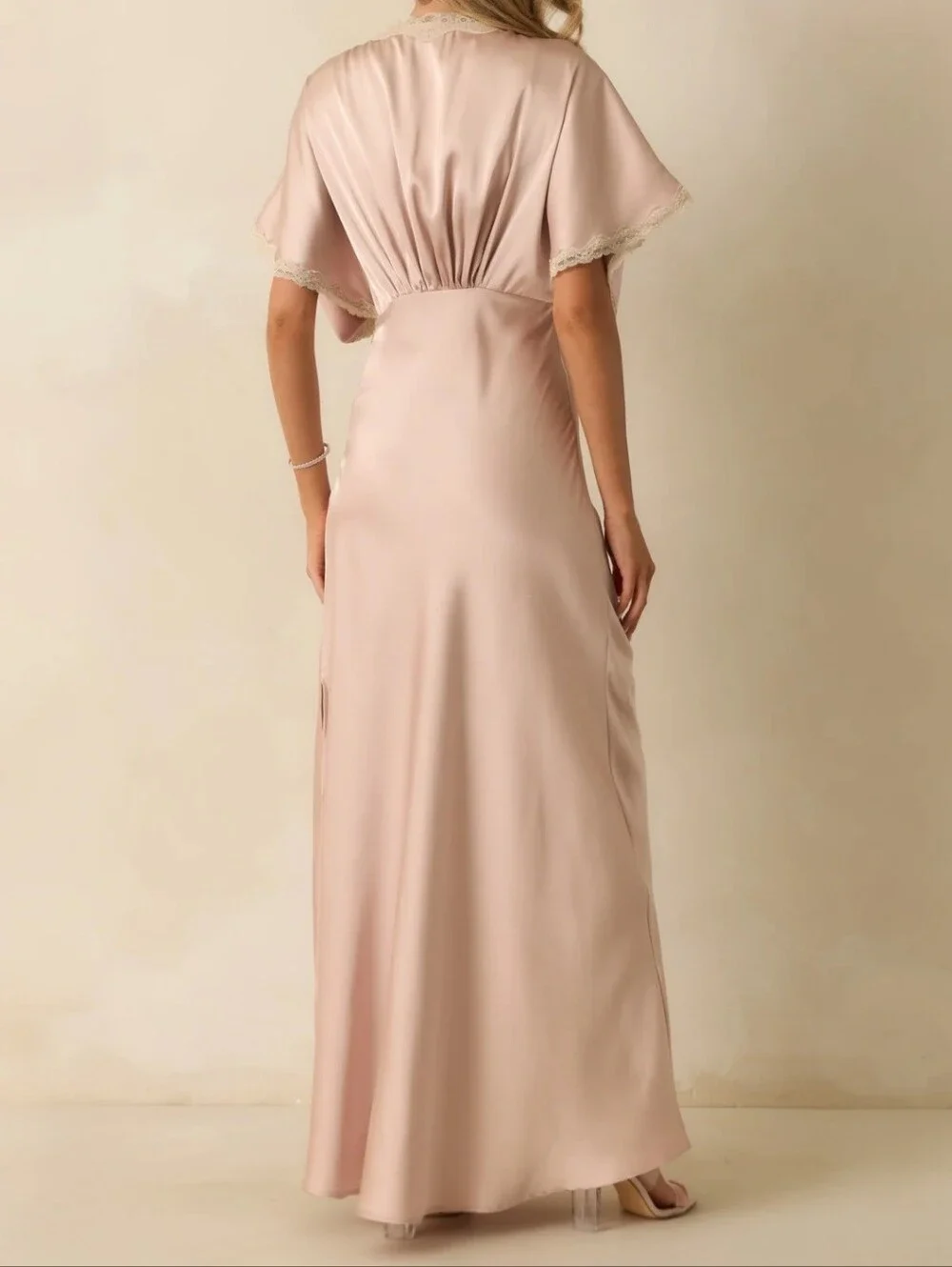 Pink Satin Lace Maxi Dress Small V-Neck Flowy Gown by Dress Forum Los Angeles - Picture 12 of 15